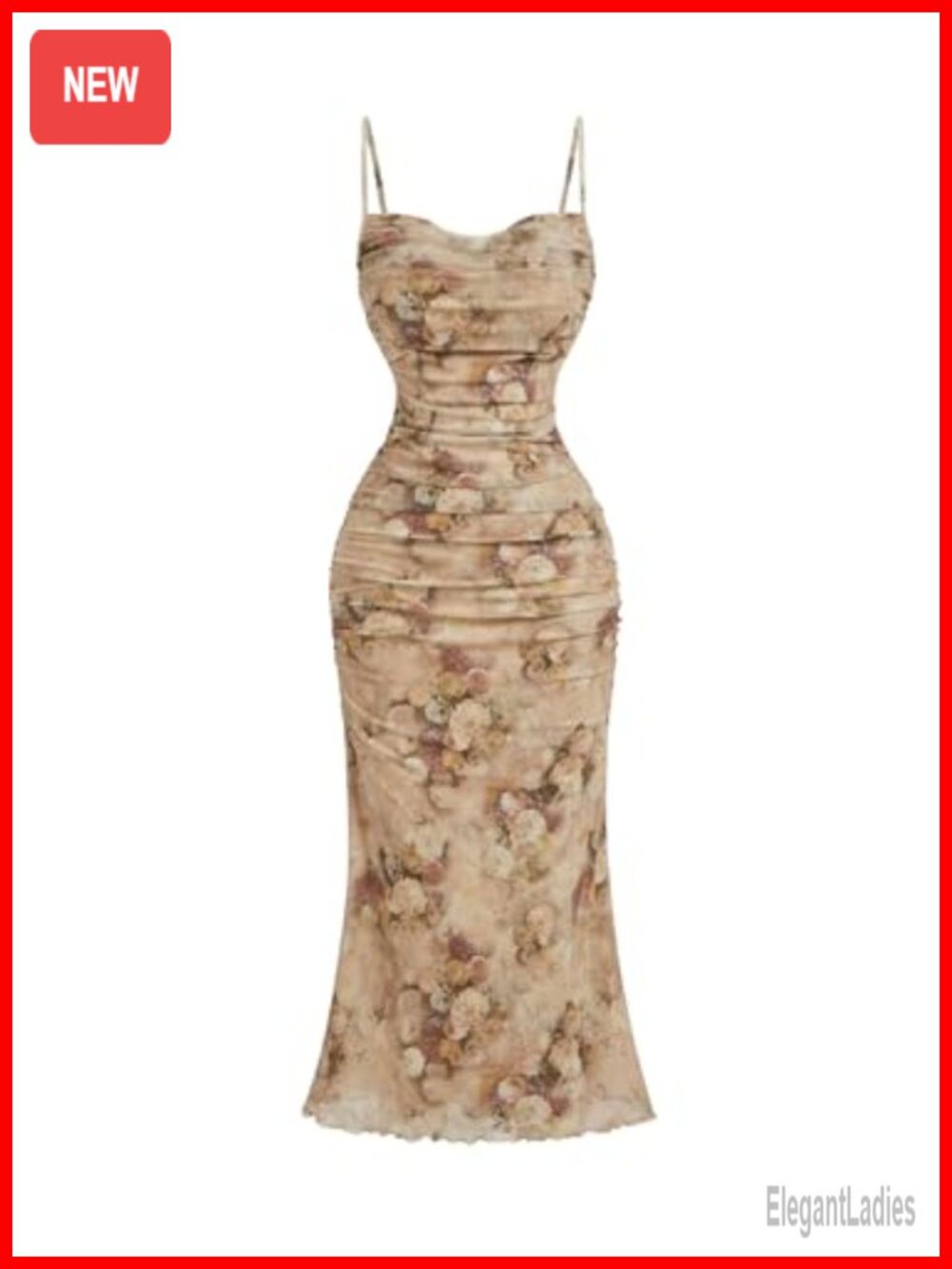 Women's Floral Midi Bodycon Dress Spaghetti Strap Ruched Mesh Wedding Guest